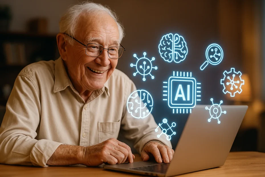 Senior using a laptop surrounded by floating AI symbols and icons