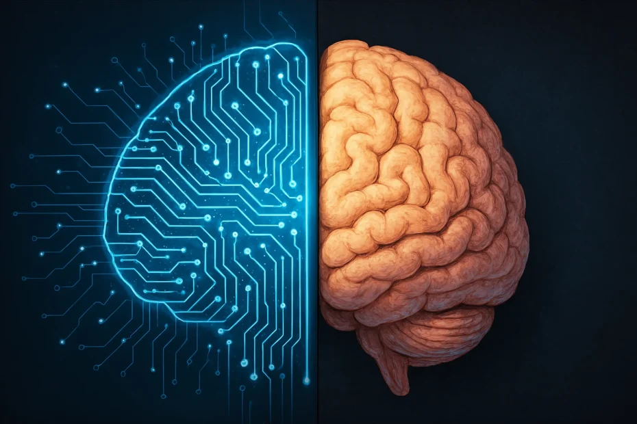 Split image showing a digital AI brain on one side and a human brain on the other