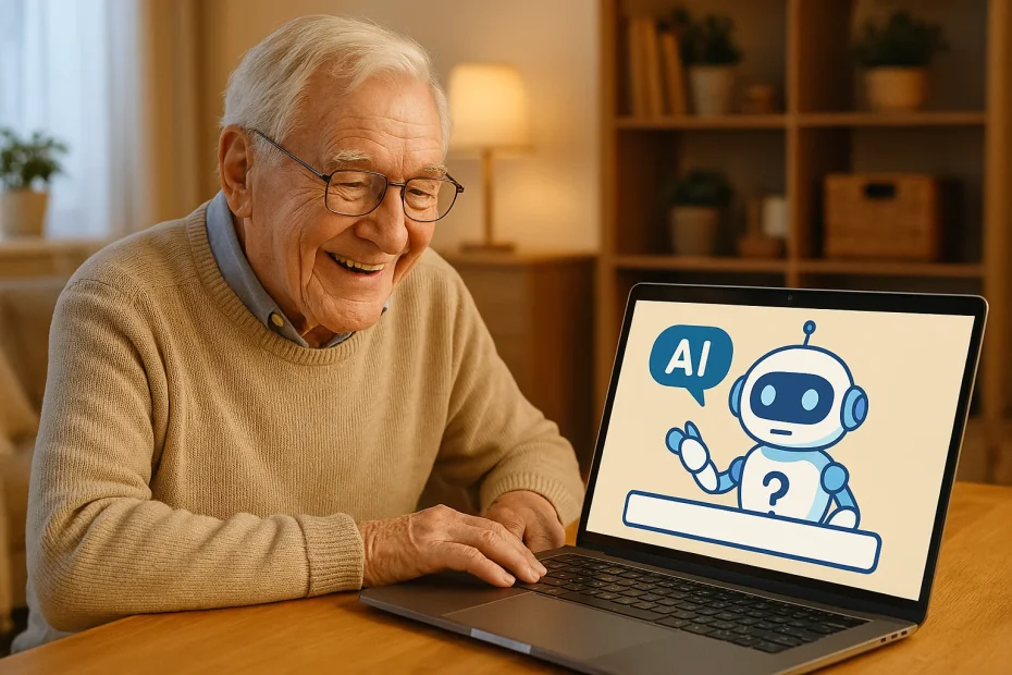 Person typing a prompt on a laptop with an AI robot on screen