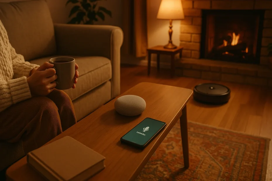 Person at home using phone and surrounded by AI-powered smart devices