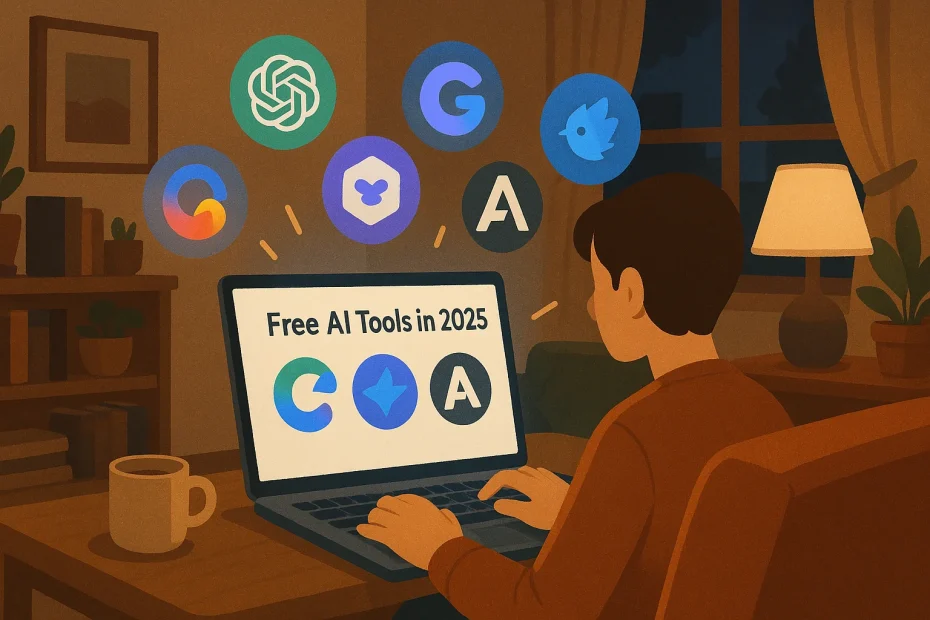 Person smiling while using free AI tools on a laptop at home