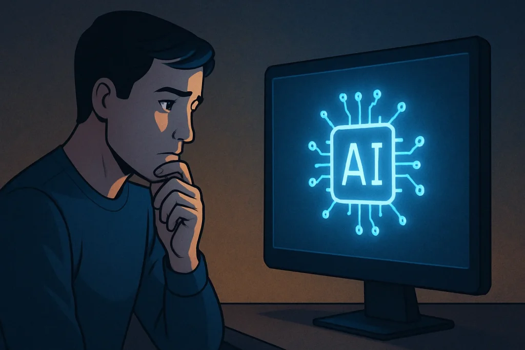 Person looking at a screen with AI graphics, appearing thoughtful
