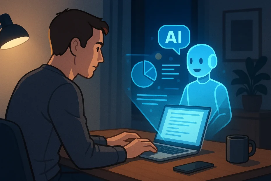 Worker using futuristic AI assistant on a tablet