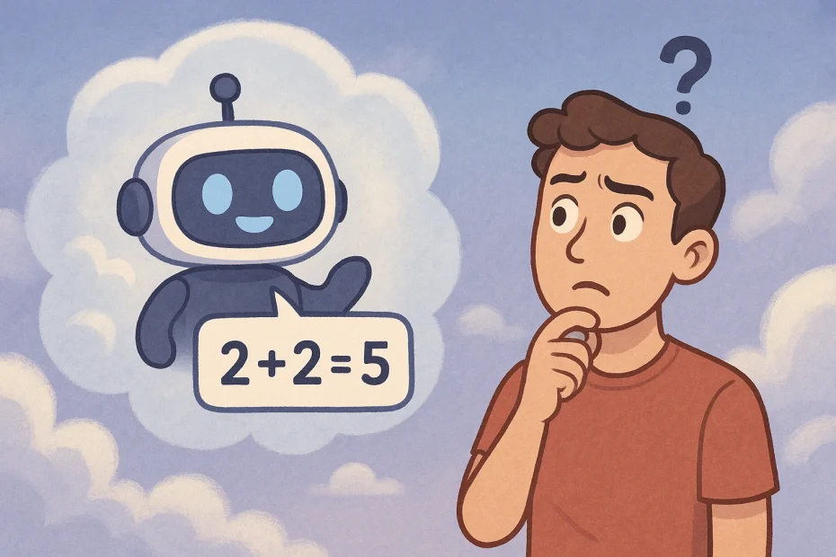 Confused person looking at an AI chatbot surrounded by floating misinformation