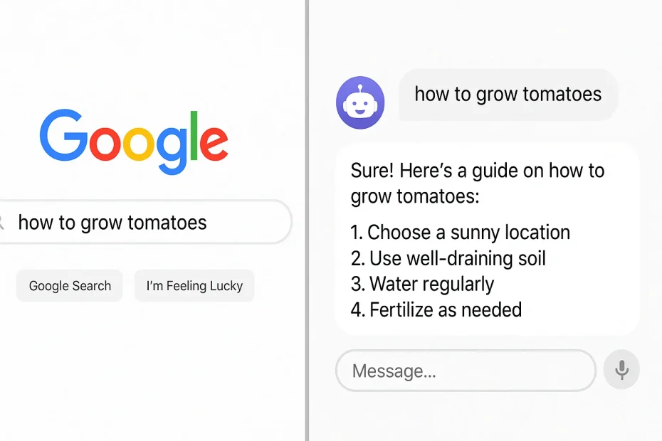 Side-by-side comparison of a Google search and an AI chatbot