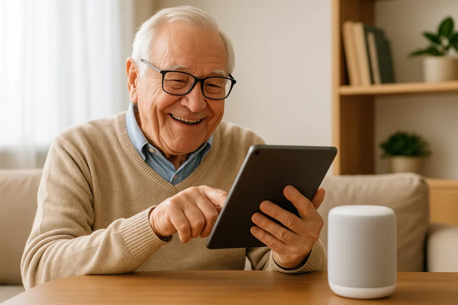 Elderly person using a smart assistant on a tablet