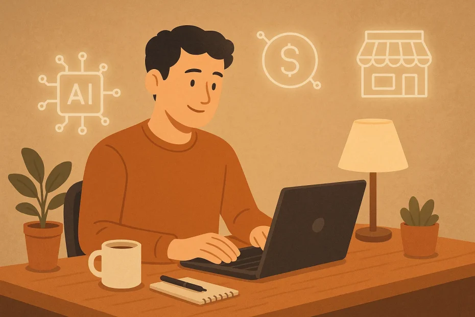 Person using a laptop with AI and business icons in the background