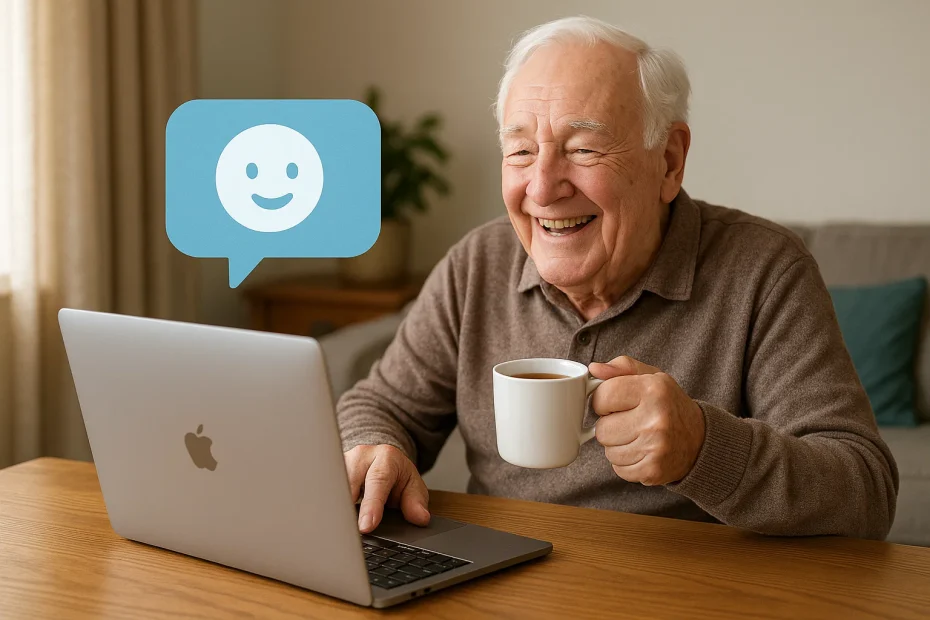 Senior man smiling at laptop while using AI assistant