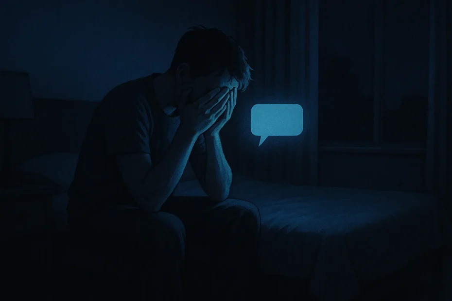 Person sitting on bed at night with face in hands and screen light illuminating them