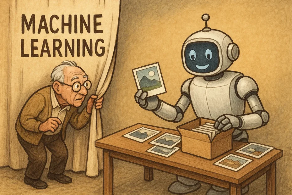 Curious person looking behind a curtain at a robot sorting photos