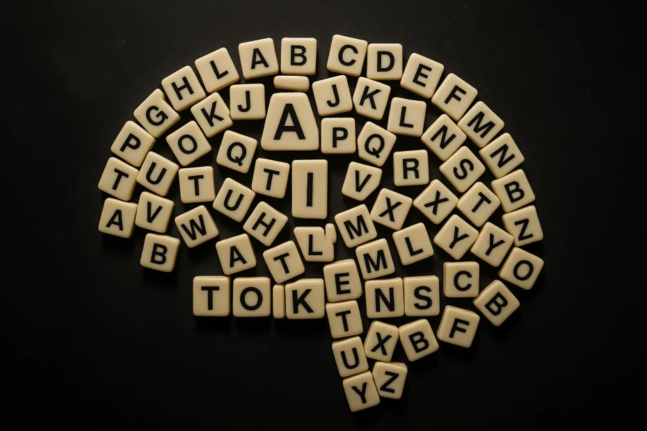 Word tiles forming a brain to represent AI language understanding