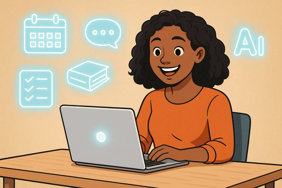 Person using AI on a laptop surrounded by floating icons for tasks and ideas