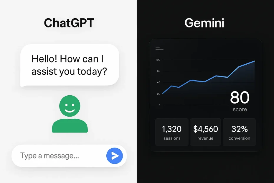 Split image of ChatGPT and Gemini logos with contrasting visual themes