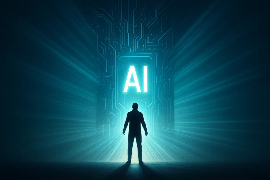 Person standing before a glowing AI interface, surrounded by beams of light