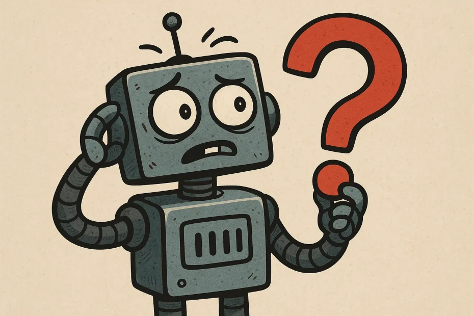 Robot holding a question mark, symbolizing AI’s intelligence question