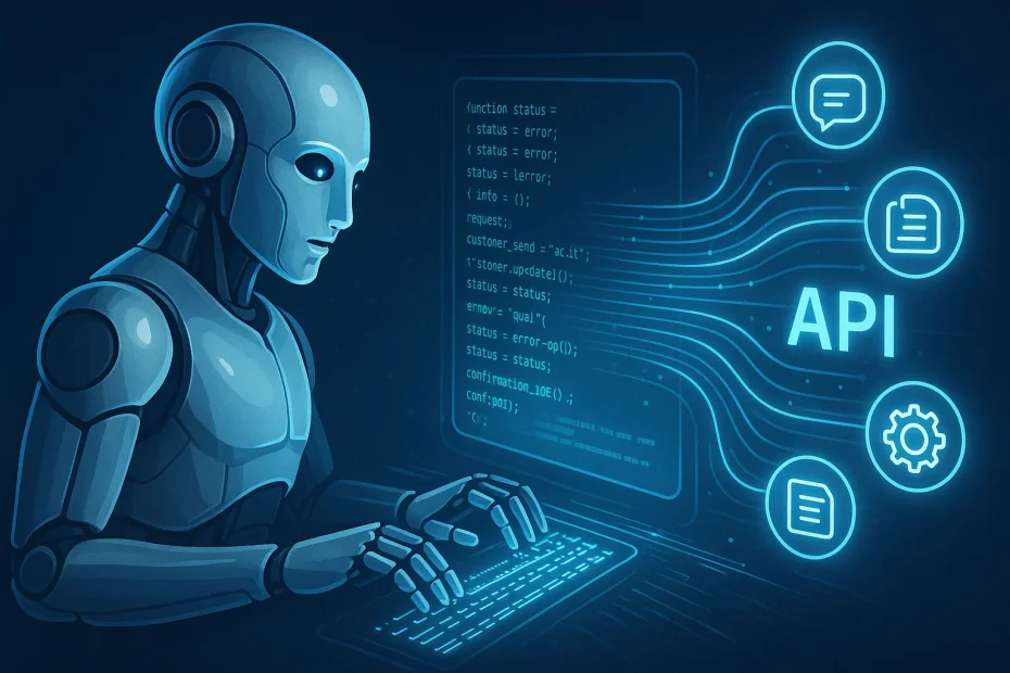 Futuristic robot with holographic code and data streams symbolizing the ChatGPT API