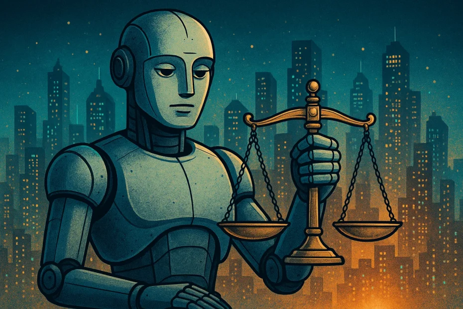 Robot balancing scales of justice symbolizing AI ethics