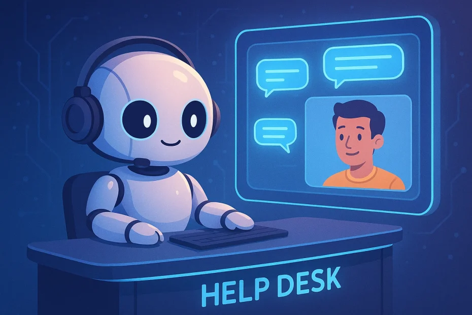 Robot at a help desk chatting with a customer, symbolizing AI in customer support