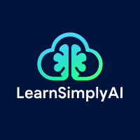 Minimalist LearnSimplyAI logo with a cloud and brain icon in blue-green gradient on navy background.