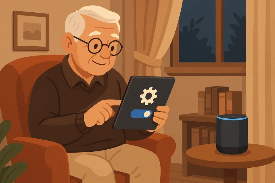 Older adult looking at tablet screen with privacy settings open