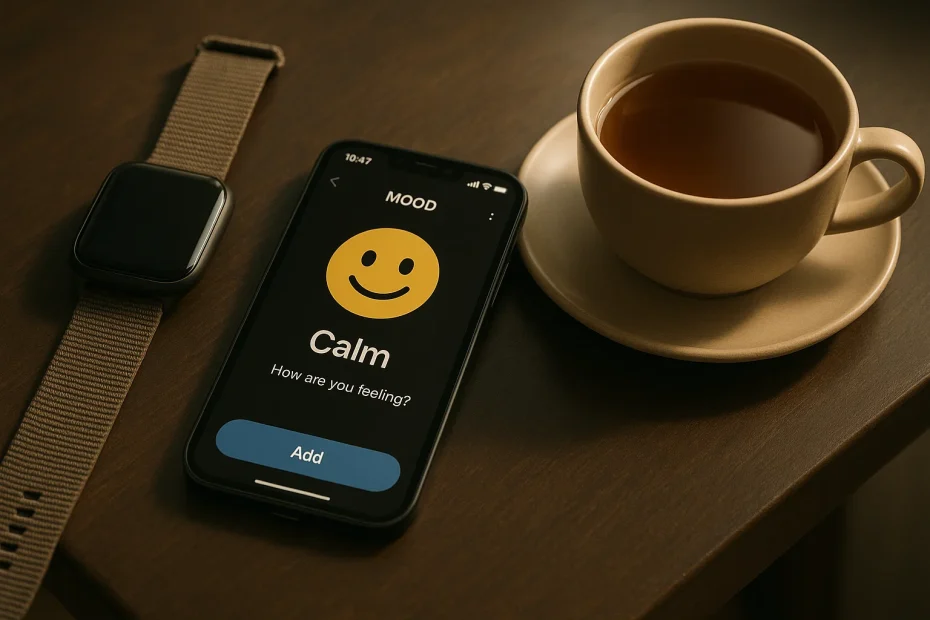 Smartwatch and smartphone showing health stats on a table