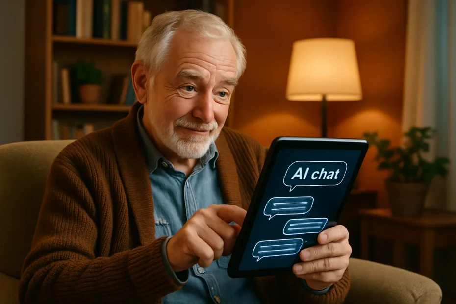 Elderly person holding tablet with chatbot screen open
