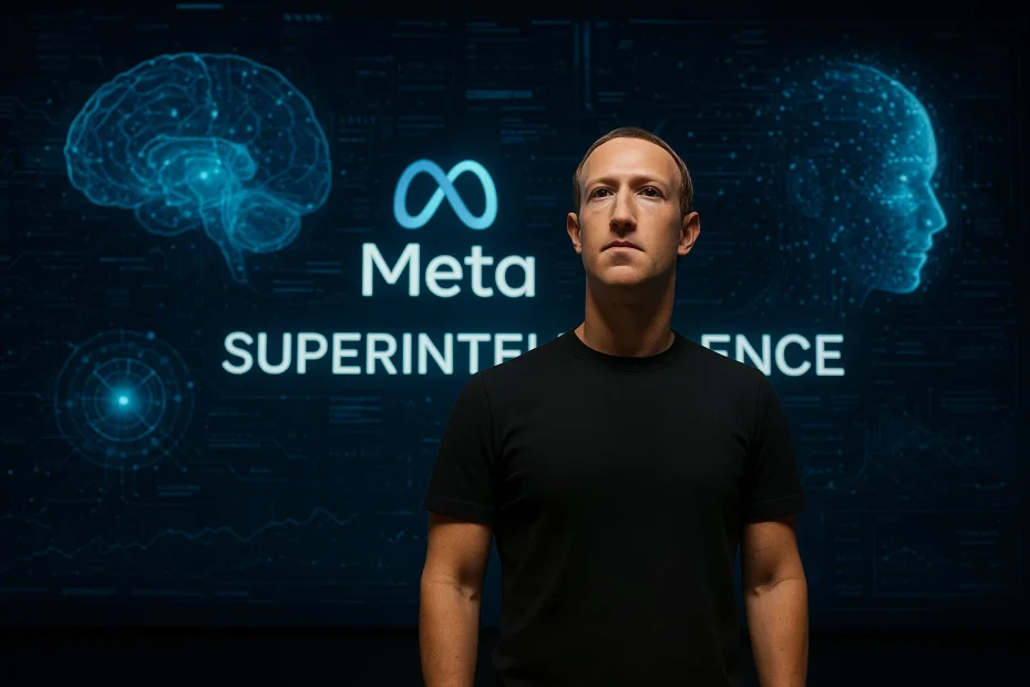 Mark Zuckerberg in front of glowing AI visuals, symbolic of superintelligence