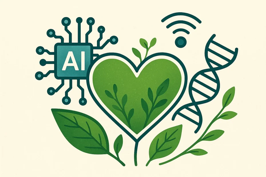 A heart monitor icon with AI and plant elements in a futuristic style