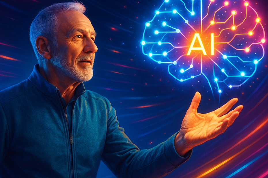 An older adult with a confident expression reaches out with an open hand toward a vibrant, glowing abstract AI neural network surrounded by colorful light trails.