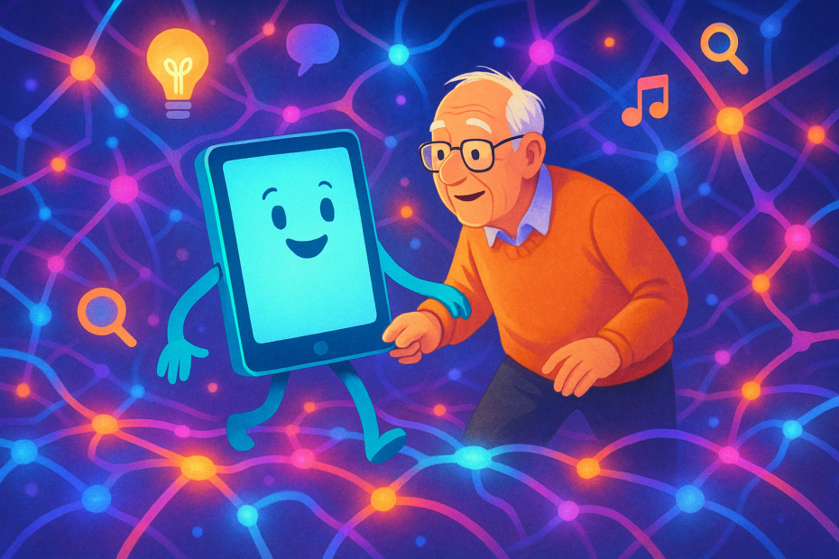 An open, friendly digital assistant guiding an older adult through a bright, abstract scene of glowing interconnected neural networks and floating digital icons, representing digital understanding and empowerment.
