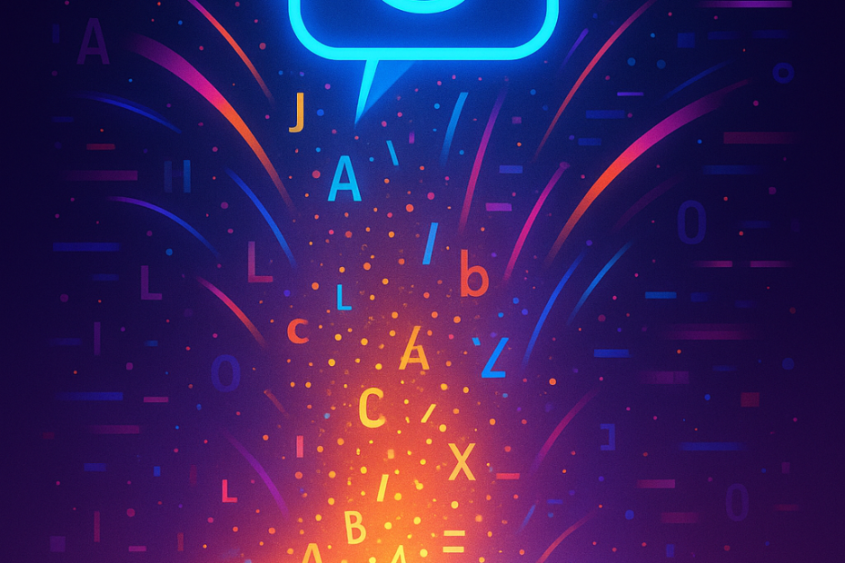 Bright, futuristic illustration of an open glowing book transforming into a dynamic chatbot icon amidst colorful digital elements