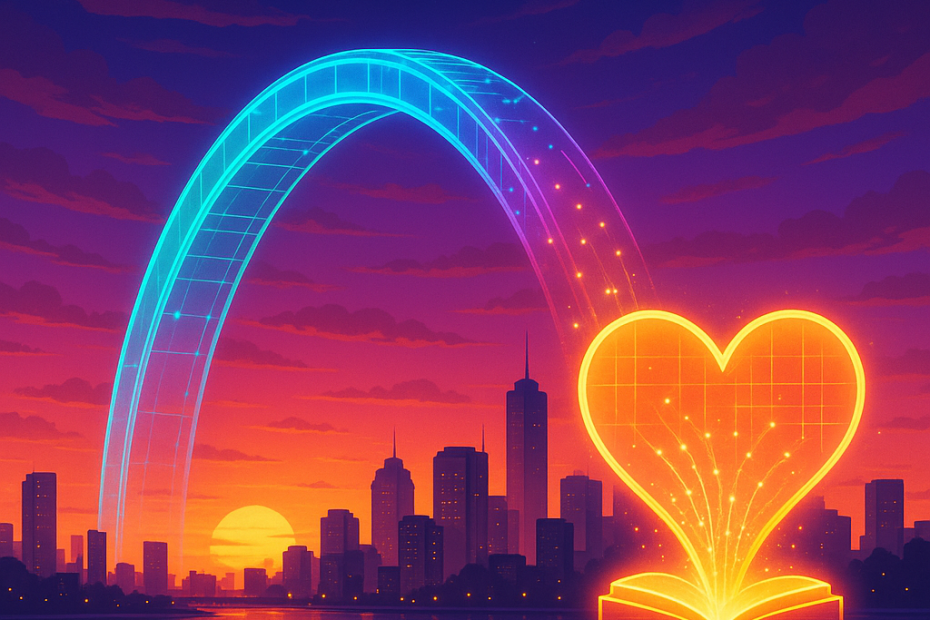A vibrant, modern illustration of a glowing holographic bridge floating above a cityscape at sunset, with light trails leading into a luminous heart-shaped archive, evoking wonder and the enduring power of memories.