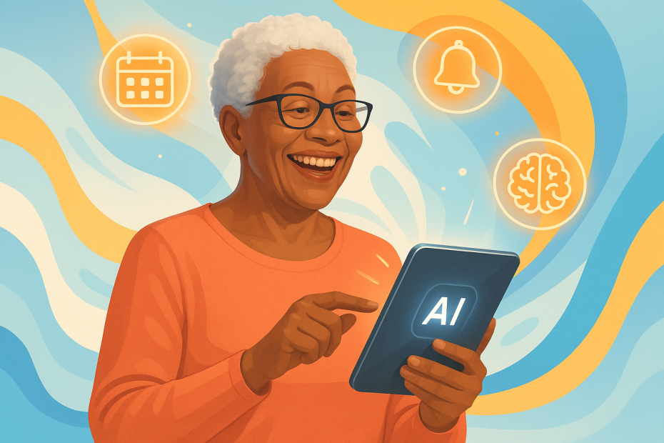 Cheerful senior using a modern AI device with floating icons of calendars, reminders, and brain symbols in a bright, abstract background.