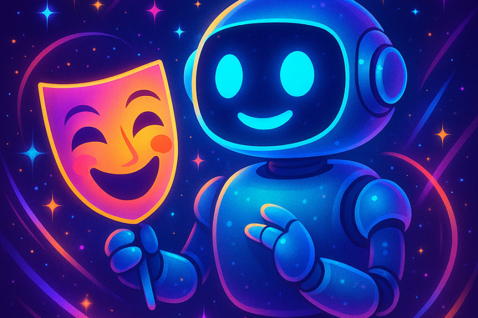Futuristic robot holding a bright comedy mask surrounded by sparkling lights and abstract light trails in a vibrant, colorful scene.