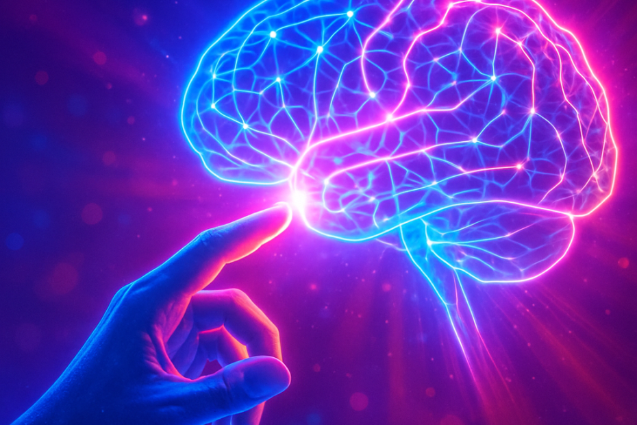 A vibrant scene with a glowing human hand extending toward a luminous, abstract digital brain set against a radiant, multicolored background, representing technological advancement and curiosity.