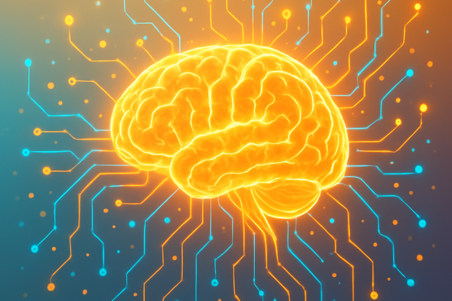 A glowing human brain intertwined with bright circuits and floating shimmering particles against a gradient background, representing innovation in AI.