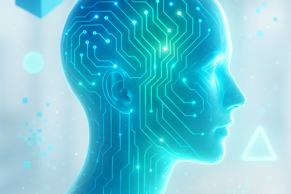 Transparent human head profile glowing with vibrant blue and green circuits, floating geometric shapes and digital elements in a bright, modern background, representing AI technology and futuristic innovation.