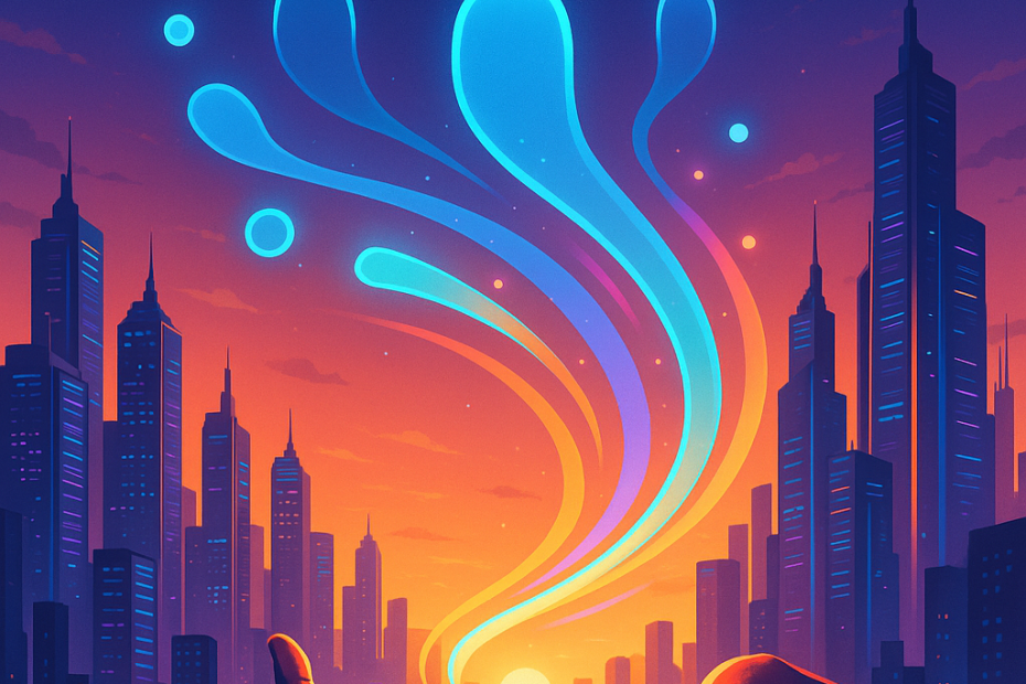 A colorful futuristic cityscape at sunrise with glowing virtual assistants transforming into bright digital streams flowing into human hands, representing technological innovation and connection.