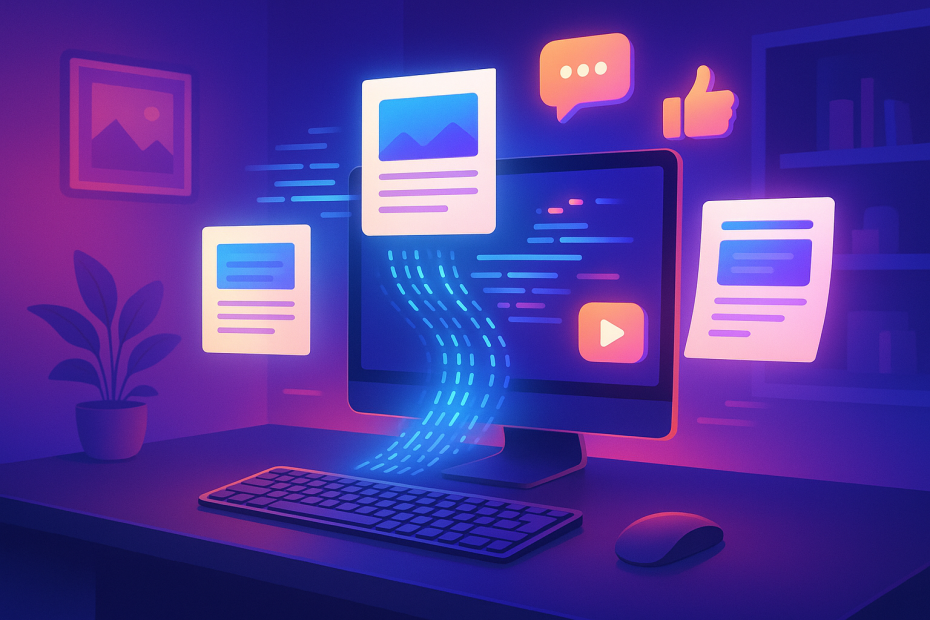 Futuristic workspace with neon lighting, sleek computer, glowing code flowing into floating paper posts and digital icons, representing automated blog publishing and limitless possibilities.