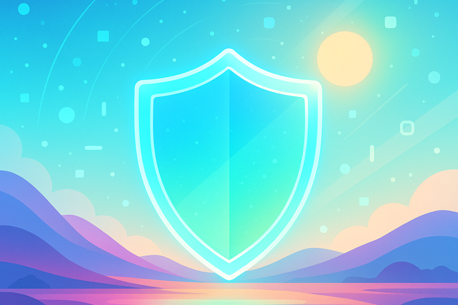 Futuristic landscape featuring a glowing, transparent blue and green shield symbolizing privacy, surrounded by floating abstract digital icons in a bright environment.